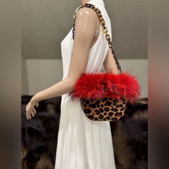 Leopard Handmade Real Fox Fur & Shearling leather Top Handles Bag/Multi Use Bag - Picture 4 of 16